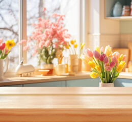 Wall Mural - Light empty board against the background of a blurred light spring kitchen with tulips in a Scandinavian style.Ready for product montage.Easter time.Mockup