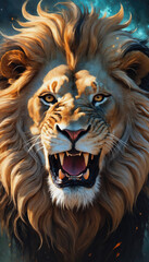 Fantasy Illustration of a wild animal lion. Digital art style wallpaper background.