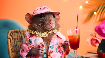 Funny anthropomorphic rat with a cocktail on summer vacation