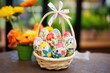 handmade paper mache eggs in basket with fabric lining