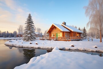 Wall Mural - winter scene with snowy log cabin and frozen lake