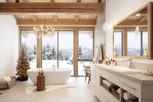Luxurious Bathroom With Glass Walls Inside A Log Cabin In Snowy Landscape