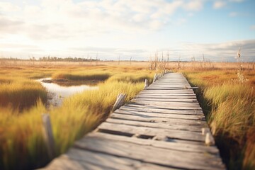 Poster - old wooden plank boardwalk in a marshland