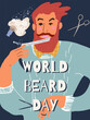Poster for international world beard day in september or for barber shop. Stylized beard man. Barbers and male client in barbershop. Hairdressers and male clients.