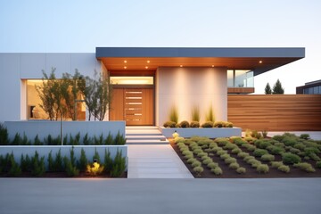 Poster - contemporary home facade with trimmed hedges and ambient lighting