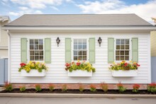 White Saltbox, Floral Window Boxes, Green Shutters