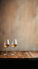 Wall Mural - Two glasses of white wine on wooden table over grunge wall background.