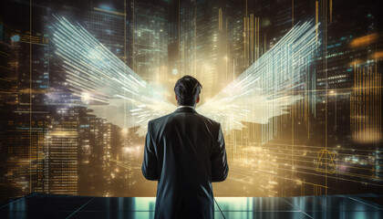 Close up of engineer, businessman, programmers observing data on futuristic computer hologram. Developing Advanced Software with multiple computer of code on futuristic modern interface