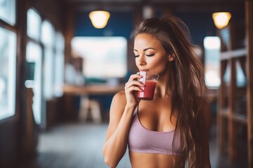 Wall Mural - woman drinking berry smoothie after a workout