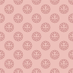 Poster - Happy Round Smiling Flower vector outline seamless pattern in Groovy style