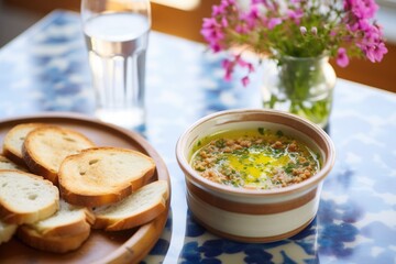 Canvas Print - bright, daylight shot of fava dip with toasted bread