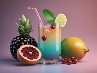 Sticker - Flat Pop Illustration - Cuba Libre with Whimsical Fruit Portraits on Pastel Gradients Gen AI