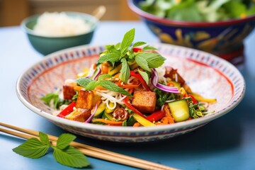 Wall Mural - halloumi pieces in a rainbow vegetable stir-fry