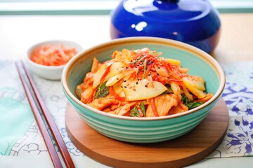 Wall Mural - freshly made kimchi displayed in a colorful ceramic dish