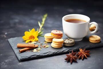 Wall Mural - assorted macarons on slate with coffee cup