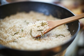 Wall Mural - rice in a skillet with a wooden spoon, fresh off the stove