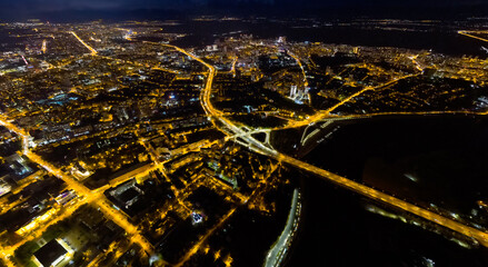 Ufa, Russia. Panorama of the city center. Night city lights. Aerial view