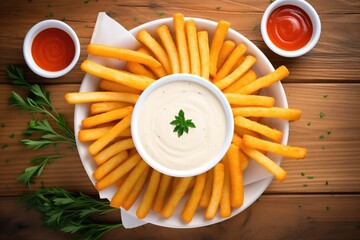 Poster - mozzarella sticks arranged in a circle with a bowl of sauce in the center