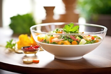 Wall Mural - minestrone in glass bowl, fresh ingredients border