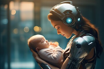 Wall Mural - humanoid robot holding human baby