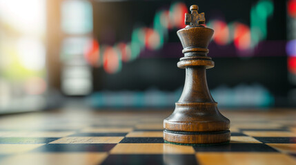 Wall Mural - close up king chase with stock market background, investing and doing business is like playing chess concept, plan and lead your business