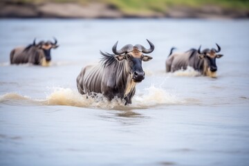 Canvas Print - wildebeest migration crossing a shallow river