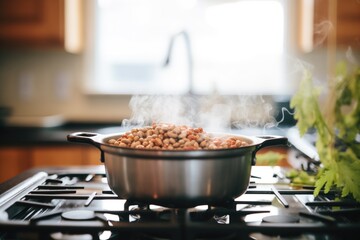 Wall Mural - natto beans captured mid-fall into a cooking pot