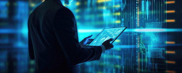 close up of engineer, businessman, programmers observing data on futuristic computer hologram. devel