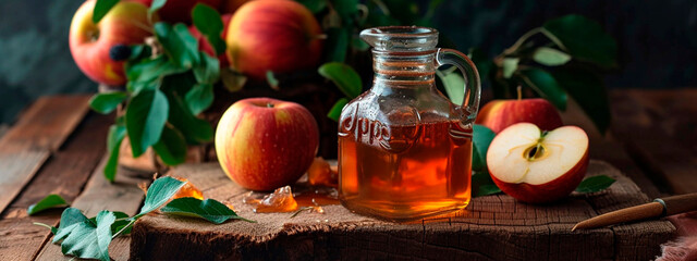 Wall Mural - apple cider vinegar on the table. Selective focus.