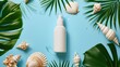 Bottle of sunscreen spray. Sunblock cream bottle with sea shells and a tropical green leaf, presented on a vibrant background, Ai Generated.