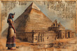 The Ancient Yellowed Drawing of the Pyramids of Giza with Hieroglyphs