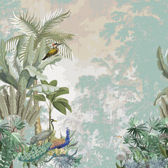 Wall Mural - Tropical forest, birds, woodpecker pattern vector illustration