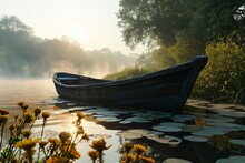 Boat On Lakeside In Misty Morning. Generative AI.