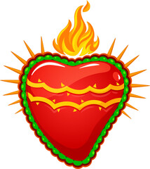 Wall Mural - Mexican sacred heart with burning fire flames and rays, tattoo or religion vector symbol. Sacred heart or Corazon Milagro symbol of Jesus love and God divine miracle of Mexican Catholic religion