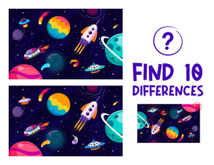 Aufkleber - Find ten differences at starry galaxy space landscape. Difference spotting activity or quiz, objects comparing kids game vector worksheet with planets, rockets and UFO saucer flying in outer space