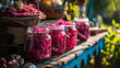 Red cabbage preserved in a jar. Selective focus.