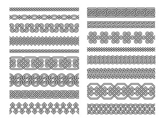 Celtic borders. Seamless vintage border frames with celtic folk knots tattoo black and white decorative design. Pattern brushes, endless chains vector set
