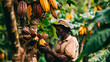 A farmer harvests cocoa. Selective focus.