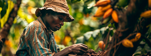 Wall Mural - A farmer harvests cocoa. Selective focus.