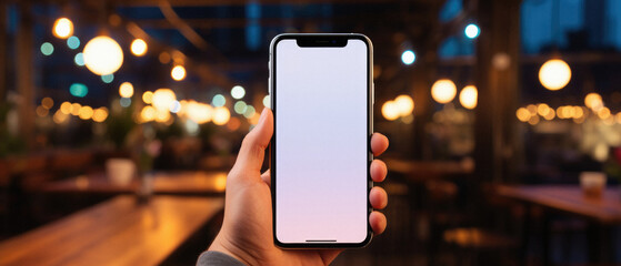 Male hand holding smartphone with blank screen over blurred restaurant background, mock up