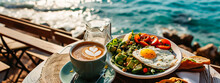 Breakfast Avocado Eggs And Coffee By The Sea. Selective Focus.