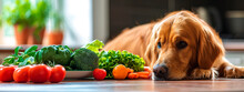 Dog Food Eats Vegetables. Selective Focus.