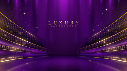 Wall Mural - Purple stage scene with vibrant violet neon light effects, Golden curves and bokeh. Luxury modern background. Vector illustration.