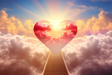 
Stairway To Heaven.Stairs In Sky. Concept With Sun And Clouds. Religion Background. Red Heart Shaped Sky At Sunset. Love Background With Copy Space. Generative AI
