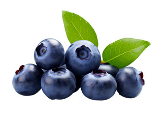 Canvas Print - Fresh and juicy blueberries with vibrant green leaves on a transparent background.