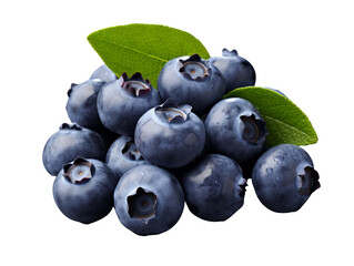 Canvas Print - Fresh and juicy blueberries with vibrant green leaves on a transparent background.