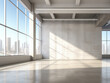 Spacious empty office interior with panoramic city view and sunlight. Real estate concept. Generative AI