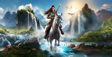Fantasy Scene With A Woman Warrior Riding A Horse In Front Of A Waterfall, Warrior On Horseback. Fantasy And Fairy Tale. 3d Rendering, Beautiful Woman Riding A Horse On A Background Of Waterfalls.