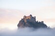 fog enshrouding an imposing stone castle at dusk