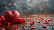 Generative AI. A heart amidst red leaves, dew drops glisten, conveying love and warmth.
